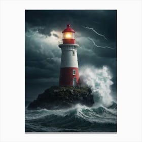 Lighthouse In Stormy Sea Canvas Print