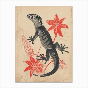 Lizard And Leaves Black Red Block Print Canvas Print