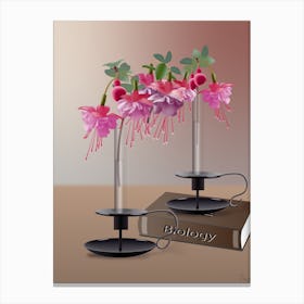 Pink Fuchsia Flowers In Glass Test Tubes With Candlesticks On A Brown Biology Book 1 Canvas Print