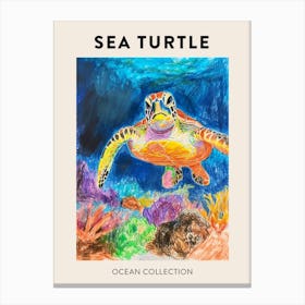 Pencil Scribble Sea Turtle In The Ocean Poster 3 Canvas Print