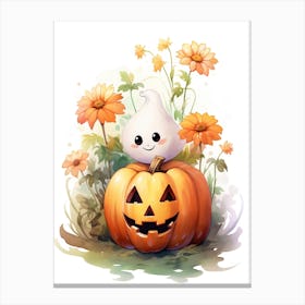 Cute Ghost With Pumpkins Halloween Watercolour 5 Canvas Print