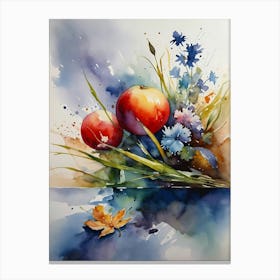 Watercolor Of Apples And Flowers Canvas Print