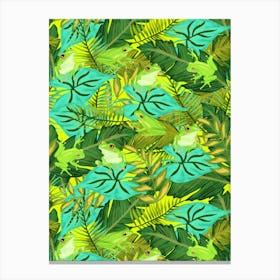 Hiding Tropical Tree Frogs in Green Foliage on Lime Green Canvas Print