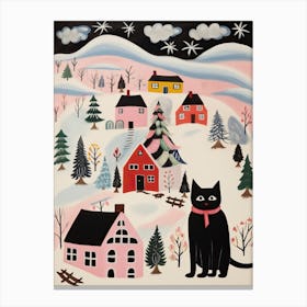 Black Cat Holidays Winter Mountain Village Christmas Canvas Print