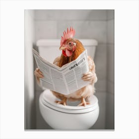 A Chicken Sitting On A Toilet Reading A Newspaper In A Funny Photograph Canvas Print