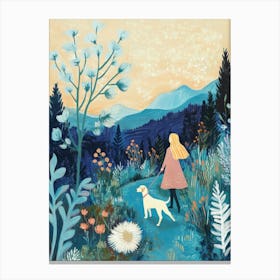 A Girl Walks Her Dog On Country Road Colorful Canvas Print