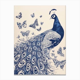 Cream & Navy Blue Peacock With Butterflies Linocut Inspired  3 Canvas Print