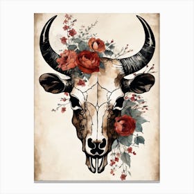 Vintage Boho Bull Skull Flowers Painting (6) Canvas Print
