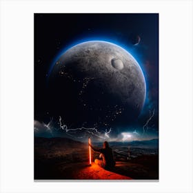 Jedi Red Light Saber And Blue Planets Canvas Print