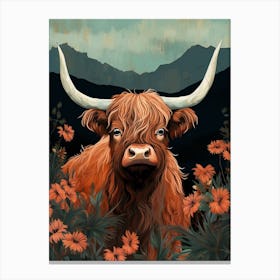 Floral Mountain Illustration Of Highland Cow Canvas Print