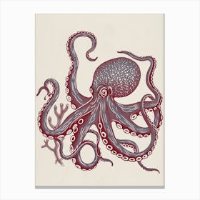 Hand Printed Style Red & Navy Octopus 2 Canvas Print