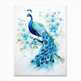 Peacock With Blue Flowers Canvas Print