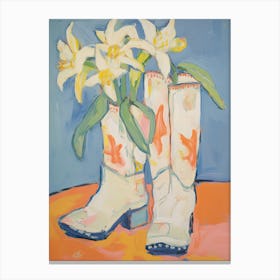 Painting Of White Flowers And Cowboy Boots, Oil Style 1 Canvas Print