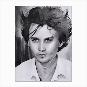 Watercolor portrait of Johnny Depp in black and white Canvas Print