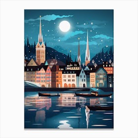 Winter Travel Night Illustration Zurich Switzerland 4 Canvas Print