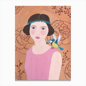 Woman In Pink Dress With Bird Canvas Print