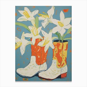 Painting Of White Flowers And Cowboy Boots, Oil Style 6 Canvas Print