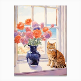 Cat With Anemone Flowers Watercolor Mothers Day Valentines 2 Canvas Print