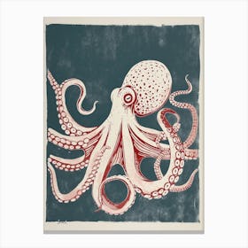 Red Octopus In The Ocean Linocut Inspired  5 Canvas Print