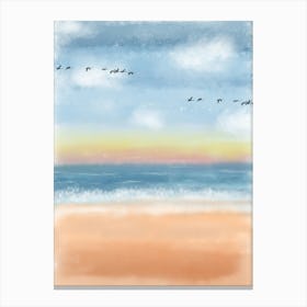 Beach Sunset Sea Ocean Sand Bird Sky Landscape Nature Watercolor Clouds Canvas Print