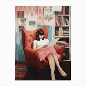 Girl Reading Books Pink Canvas Print