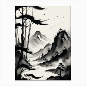 A Painting Of Mountains And Trees With Birds Flying Around Canvas Print