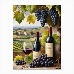Vines,Black Grapes And Wine Bottles Painting (32) Canvas Print