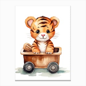 Baby Tiger On A Toy Car, Watercolour Nursery 0 Canvas Print