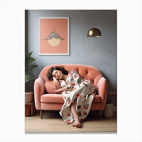 Woman Sleeping On A Pink Couch Canvas Print