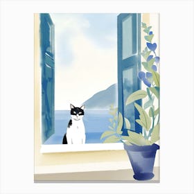Cat In The Window blue watercolor Canvas Print