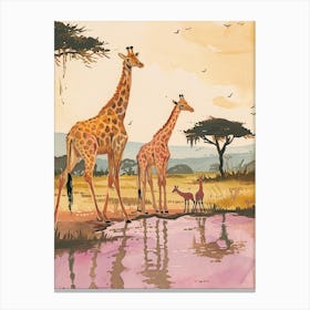 Giraffe With Other Animals By The Lake 2 Canvas Print