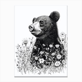 Malayan Sun Bear Cub In A Field Of Flowers Ink Illustration 3 Canvas Print