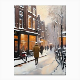 Amsterdam cafes, winter season, Christmas, autumn oil colors, pale colors, pedestrians in the street, winter clothes, falling snow.1 Canvas Print