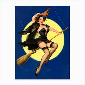 Witch Riding A Broomstick Pin Up Girl, Halloween, Full Moon, Retro Vintage Art Canvas Print