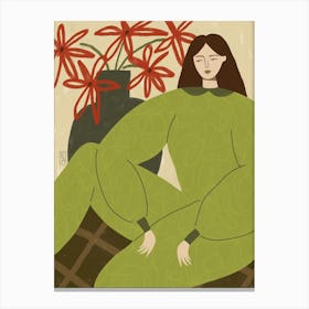 Abstract woman with flowers art print, Neutral green olive retro poster, Mid century modern Canvas Print