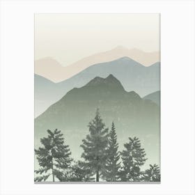 Mountain Landscape in Sage Green and Beige, Pine Trees, Mist, Minimalist Canvas Print