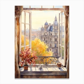 Window View Of Bucharest Romania In Autumn Fall, Watercolour 1 Canvas Print