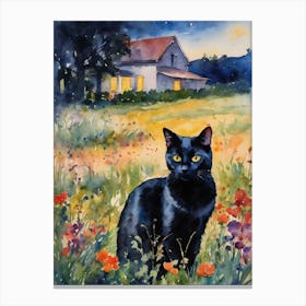 Black Cat by The Farmhouse at Night in a Flowery Meadow Iconic Landscape Traditional Watercolor Art Print Kitty Travels Home and Room Wall Art Cool Decor Klimt and Matisse Inspired Modern Awesome Cool Unique Pagan Witchy Witches Familiar Gift For Cat Lady Animal Lovers World Travelling Genuine Works by British Watercolour Artist Lyra O'Brien Canvas Print