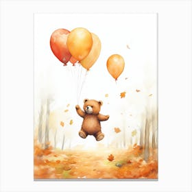 Bear Flying With Autumn Fall Pumpkins And Balloons Watercolour Nursery 2 Canvas Print