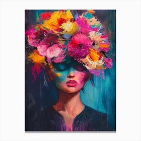 Portrait Woman Pink Blue Flowers Floral Painting Poster Canvas Print