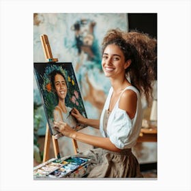 Cheerful Young Woman Painting In Her Art Studio Canvas Print