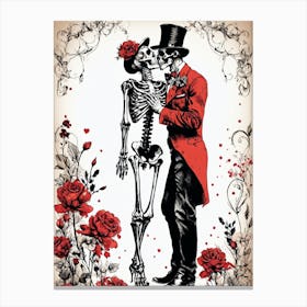 Floral Abstract Kissing Skeleton Lovers Ink Painting (4) Canvas Print