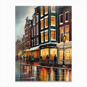 Amsterdam cafes, winter season, winter oil colors, pedestrians in the street, winter clothes, rain falling, Amsterdam print, Netherlands print, travel gift, Netherlands poster.22 1 Canvas Print