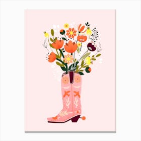 Pink Cowboy Boot And Flower Bouquet Canvas Print