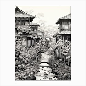 Yufuin In Oita, Ukiyo E Black And White Line Art Drawing 3 Canvas Print
