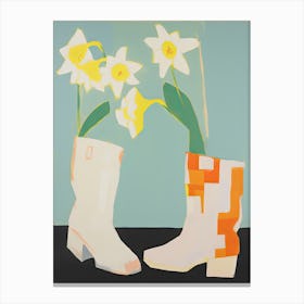 A Painting Of Cowboy Boots With Daffodil Flowers, Pop Art Style 2 Canvas Print