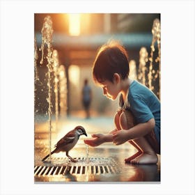 Little Boy Feeding A Bird Canvas Print