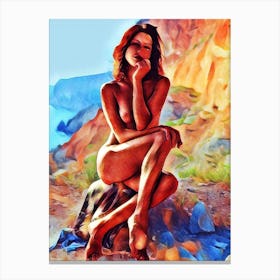 Nude Woman Sitting On Rock Canvas Print