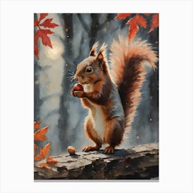 Cottagecore Red Squirrel in Autumn - Acrylic Paint Fall Rare Red Squirrel Eating a Nut with Falling Leaves at Night, Full Moon Perfect for Witchcore Cottage Core Pagan Tarot Celestial Zodiac Gallery Feature Wall Beautiful Woodland Creatures Series HD Canvas Print