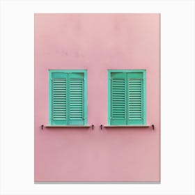 Two Green Shutters On A Pink Wall Canvas Print